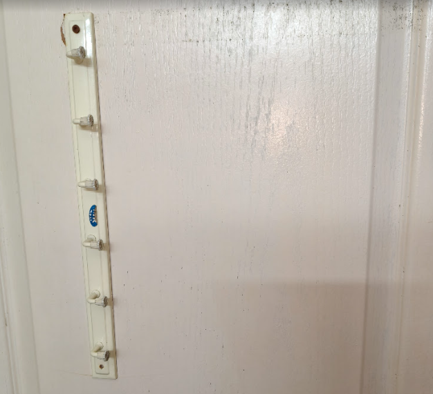 Wall rack/hook strip with screw holes and paint scarring
